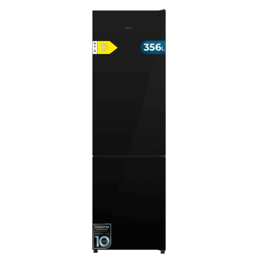 Imagen frontal del frigorífico combi Cecotec A01_EU01_119907 en acabado cristal negro, con altura de 200 cm, ancho de 60 cm y display exterior integrado.