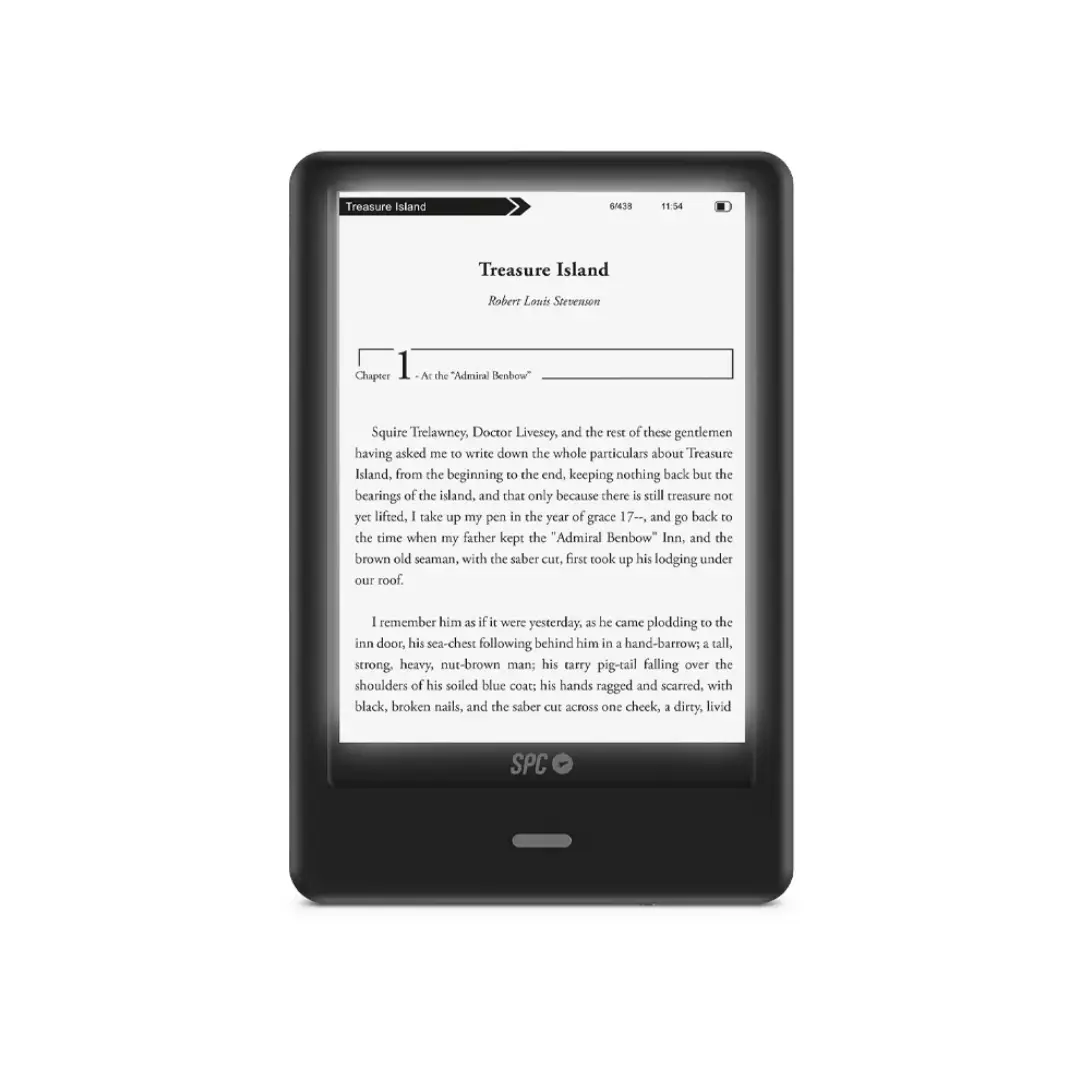 Imagen frontal del eBook SPC Dickens Light 2 Pro de 6 pulgadas con pantalla E Ink Carta, 8 GB de almacenamiento, luz regulable y conexión USB-C.