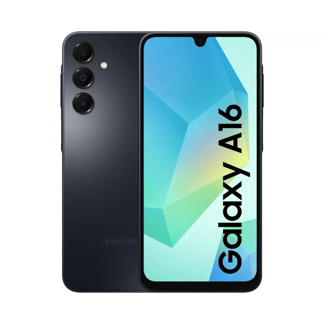 Imagen frontal del smartphone Samsung Galaxy A16 4G en color negro, con pantalla de 6.7 pulgadas Super AMOLED, 4GB de RAM y 128GB de almacenamiento interno.