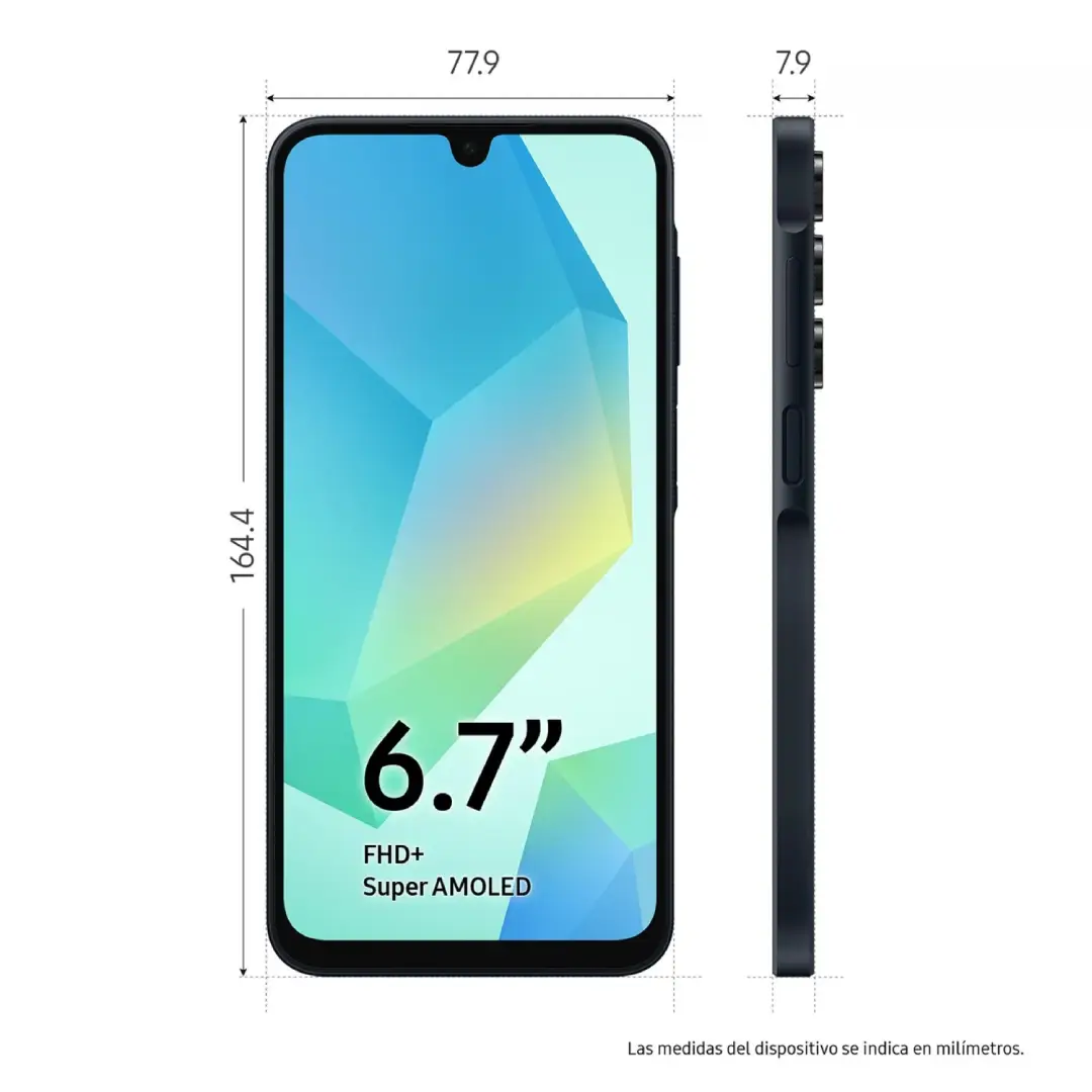 Imagen con las dimensiones del Samsung Galaxy A16 4G, mostrando altura, ancho y grosor del dispositivo para referencia de usuario.