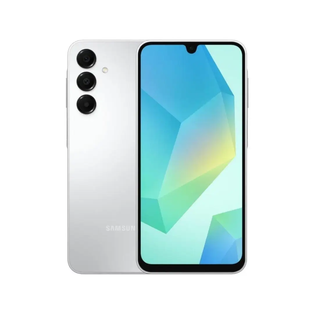 Imagen frontal del smartphone Samsung Galaxy A16 4G en color gris, con pantalla de 6.7 pulgadas Super AMOLED, 4GB de RAM, 128GB de almacenamiento, cámara principal de 50MP y batería de 5000 mAh.