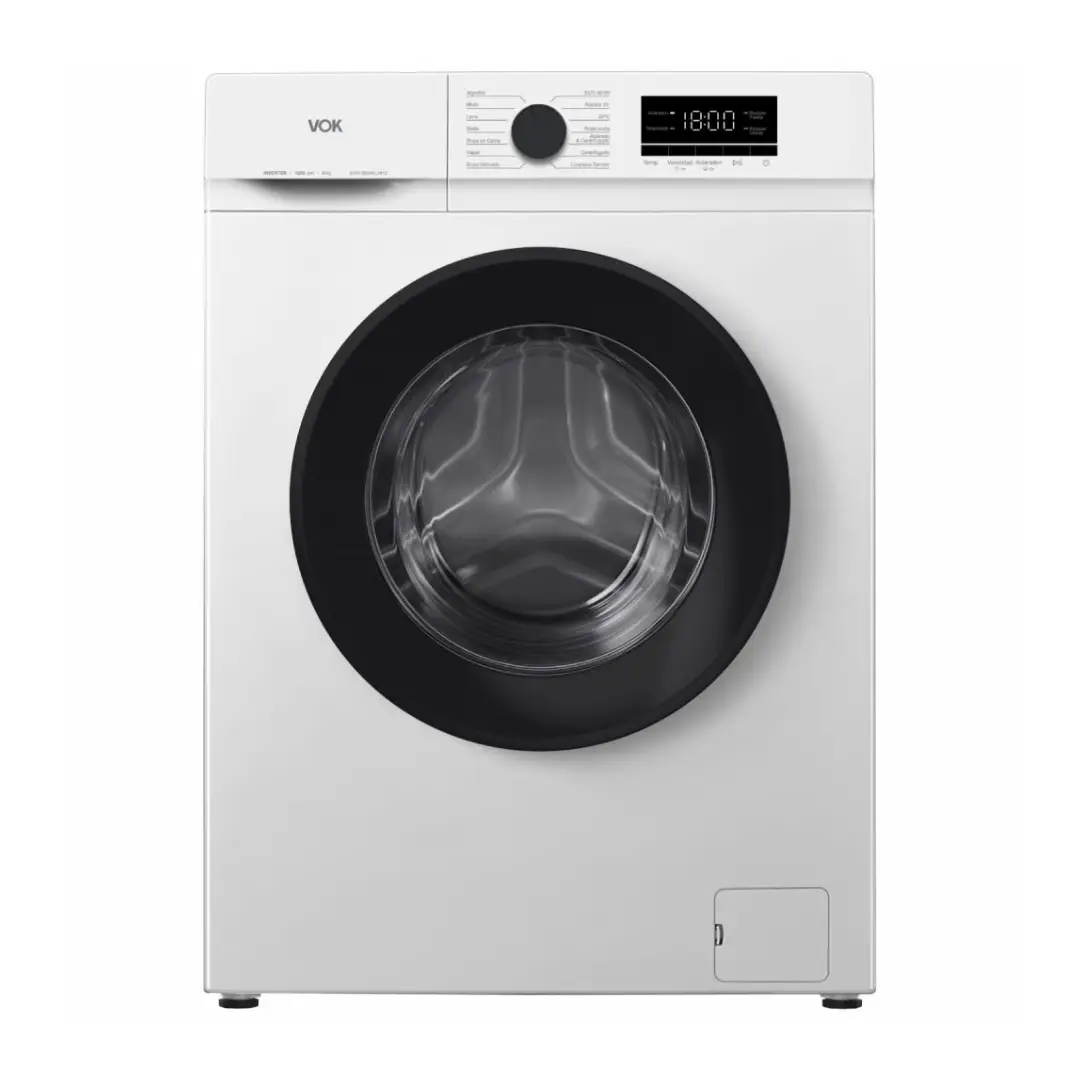 Imagen frontal de la lavadora VOK EVW-8BAWL2412 en color blanco, con capacidad de 8 kg, 1200 rpm de centrifugado, función vapor y eficiencia energética clase A.