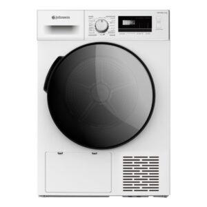 Imagen frontal de la secadora Johnson JDRY-8NE en color blanco, con capacidad de 8 kg, display LED, función de bomba de calor y sensor de humedad para un secado eficiente.