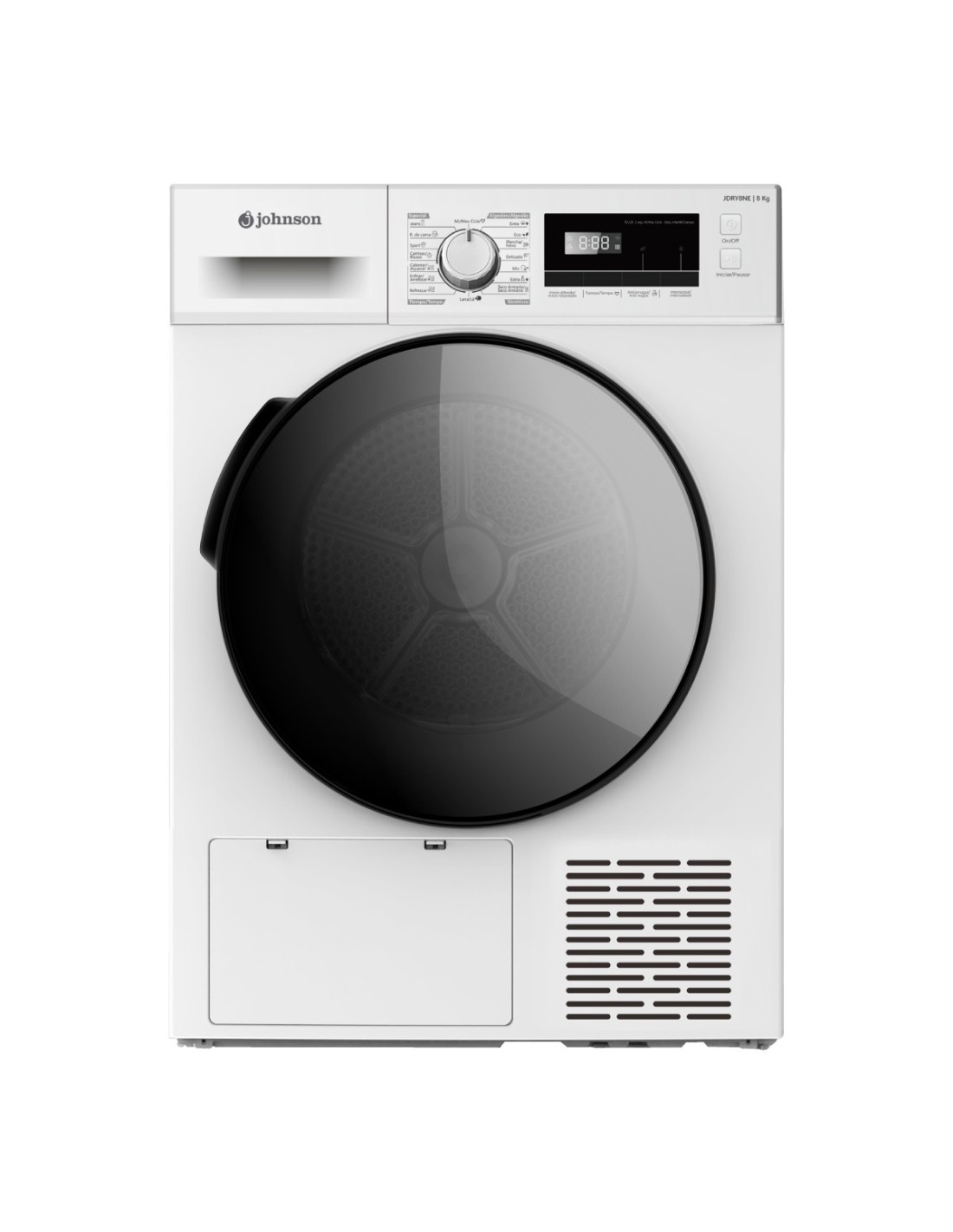 Imagen frontal de la secadora Johnson JDRY-8NE en color blanco, con capacidad de 8 kg, display LED, función de bomba de calor y sensor de humedad para un secado eficiente.