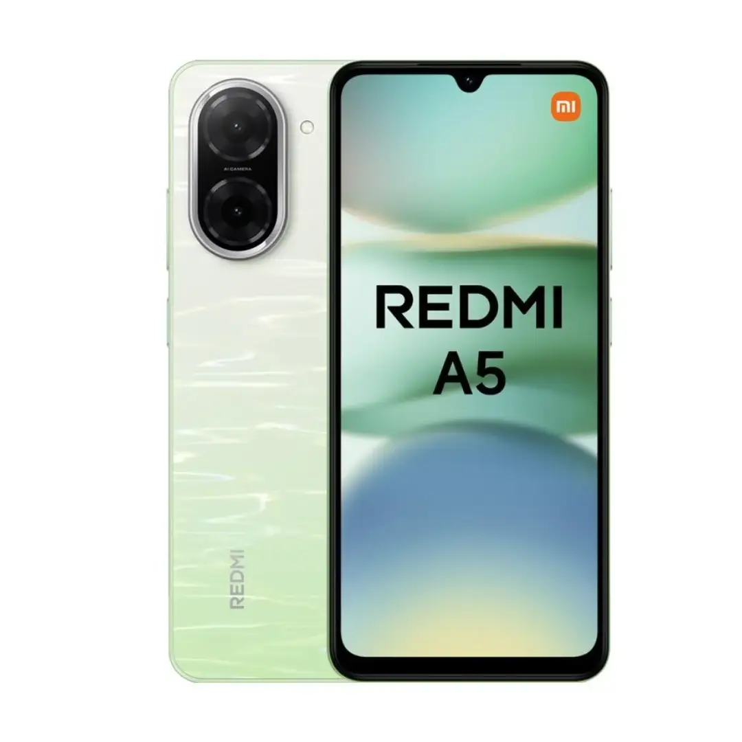 Imagen frontal del smartphone Xiaomi Redmi A5 en color verde con pantalla de 6.88 pulgadas, 3GB de RAM, 64GB de almacenamiento, cámara de 32MP, batería de 5200 mAh y sistema Android 15.