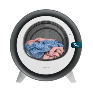 Imagen frontal de la secadora compacta Cecotec A01_EU01_111287 en color gris, con capacidad de 3 kg, función UV Care y accesorio Dry Shoe Rack para secado de calzado.