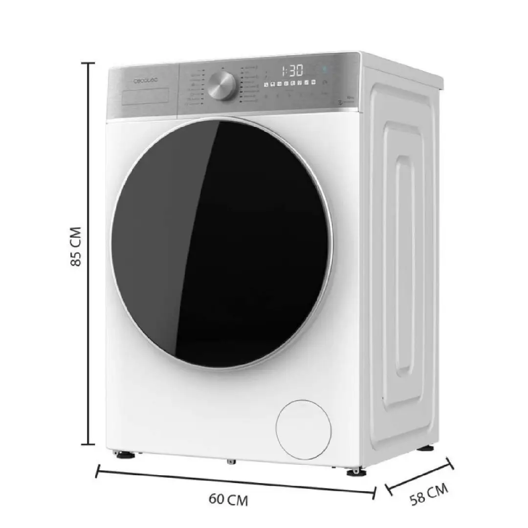 Imagen con las dimensiones de la lavadora-secadora Cecotec Bolero Wash&Dry 10600 Inverter, mostrando altura, anchura y profundidad del aparato.