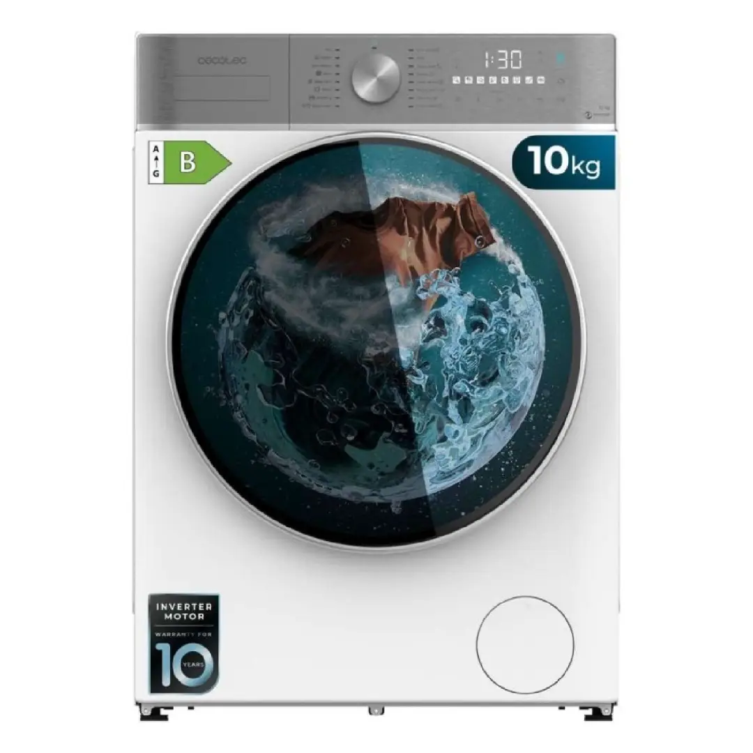 Imagen frontal de la lavadora-secadora Cecotec Bolero Wash&Dry 10600 Inverter en color blanco, con capacidad de lavado de 10 kg, secado de 6 kg, centrifugado de 1400 rpm y eficiencia energética clase A.