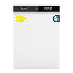 Imagen frontal del lavavajillas Cecotec A01_EU01_107123 en color blanco, con capacidad para 15 cubiertos, tercera bandeja superior y eficiencia energética clase D.