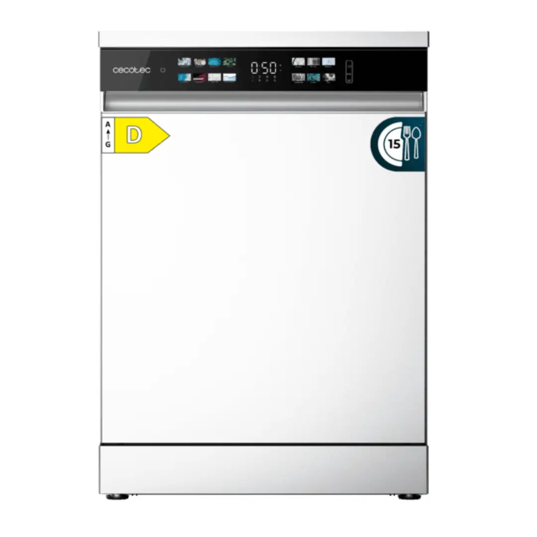 Imagen frontal del lavavajillas Cecotec Aguazero 6210 en color blanco, con capacidad para 15 cubiertos, tercera bandeja superior y eficiencia energética clase D.