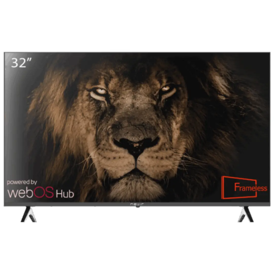 Imagen frontal del televisor Nevir NVR-8430-32WBT de 32 pulgadas con resolución HD Ready, sistema webOS, 3 puertos HDMI, 2 USB y conectividad Bluetooth.