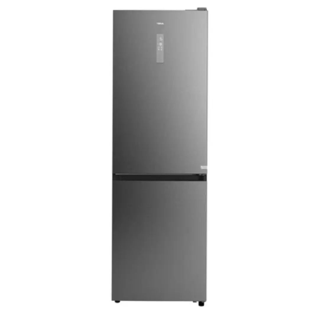 Imagen frontal del frigorífico combi Teka RBF-84680 SS en acabado inox, con 334 litros de capacidad, tecnología Total No Frost y cajones FreshBox y ZeroBox.