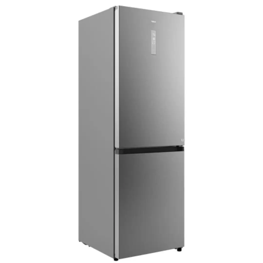 Imagen lateral del frigorífico combi Teka RBF-84680 SS, mostrando su perfil en inox y diseño compacto para cocina.