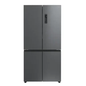 Imagen frontal del frigorífico Teka RMF-77960 SS EU en acabado inox, con diseño de 4 puertas, display exterior y gran capacidad para el almacenamiento de alimentos.
