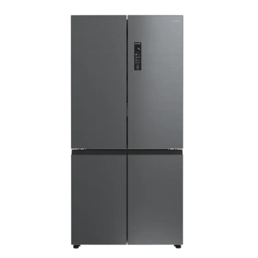 Imagen frontal del frigorífico Teka RMF-77960 SS EU en acabado inox, con diseño de 4 puertas, display exterior y gran capacidad para el almacenamiento de alimentos.