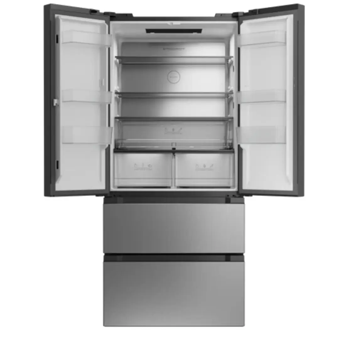 Imagen del frigorífico Teka RFD-77825 SS EU con las puertas abiertas, mostrando estantes, cajones FlexZone y Fresh Box XXL, y zona de congelador inferior.