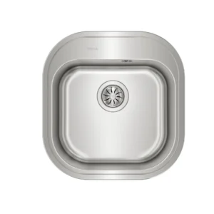 Imagen frontal del fregadero Teka Stylo 1C en acero inoxidable, con un seno M45 y medidas de 46x48 cm, ideal para encimera de cocina compacta.
