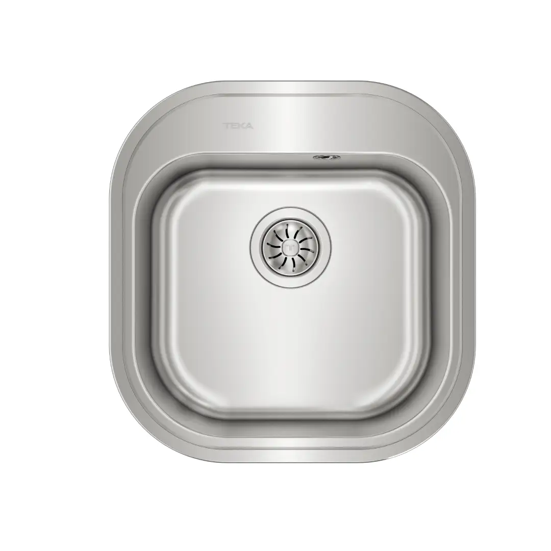 Imagen frontal del fregadero Teka Stylo 1C en acero inoxidable, con un seno M45 y medidas de 46x48 cm, ideal para encimera de cocina compacta.