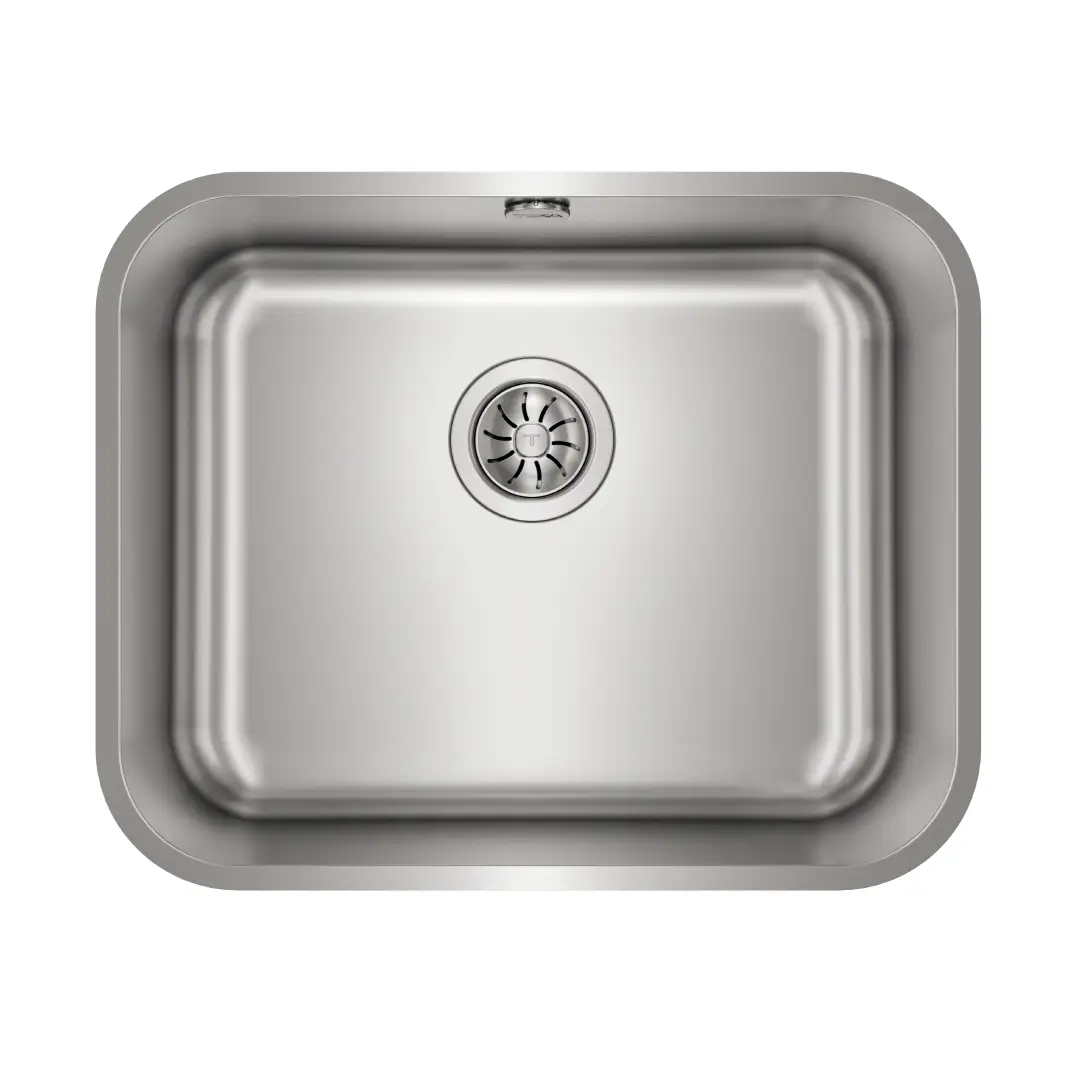 Imagen frontal del fregadero Teka BE 50.40 Plus en acero inoxidable, con un seno rectangular M60 y diseño bajo encimera, ideal para cocinas modernas.
