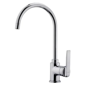 Imagen frontal del grifo Teka IN-995 con caño alto en acabado cromado, diseño elegante y moderno, ideal para fregaderos de cocina.