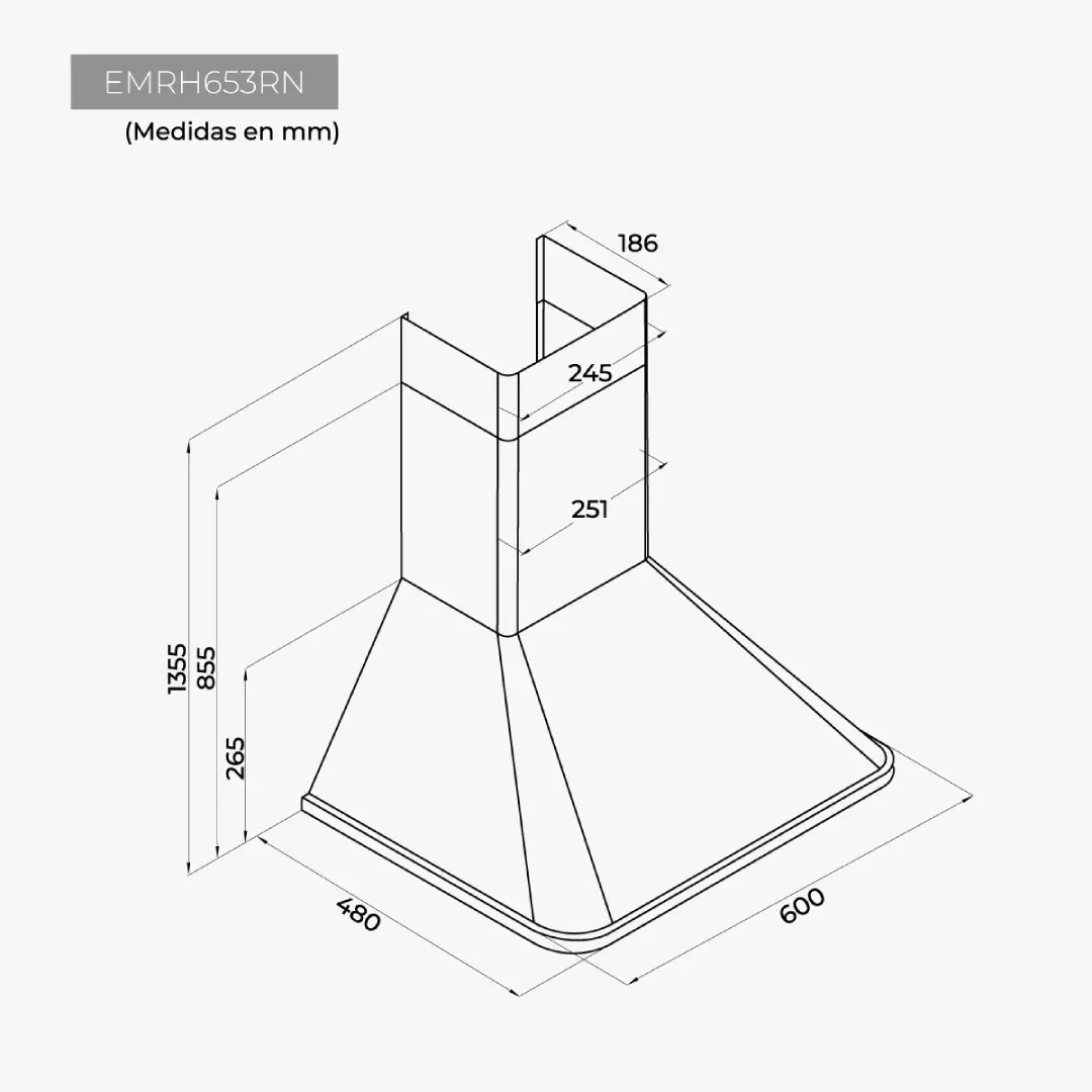 Esquema con medidas de la campana decorativa rústica Eas Electric EMRH-653RN de 60 cm para instalación en cocina