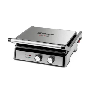 Imagen principal del grill Orbegozo GR-4580 en acero inoxidable, con potencia de 2000W y diseño compacto ideal para preparar carnes, sándwiches y verduras a la plancha.