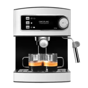 Imagen frontal de la cafetera espresso Cecotec Power Espresso 20, con potencia de 850W, presión de 20 bar y diseño compacto para preparar cafés y espressos profesionales en casa.