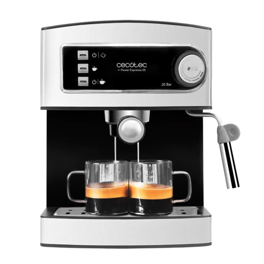 Imagen frontal de la cafetera espresso Cecotec Power Espresso 20, con potencia de 850W, presión de 20 bar y diseño compacto para preparar cafés y espressos profesionales en casa.