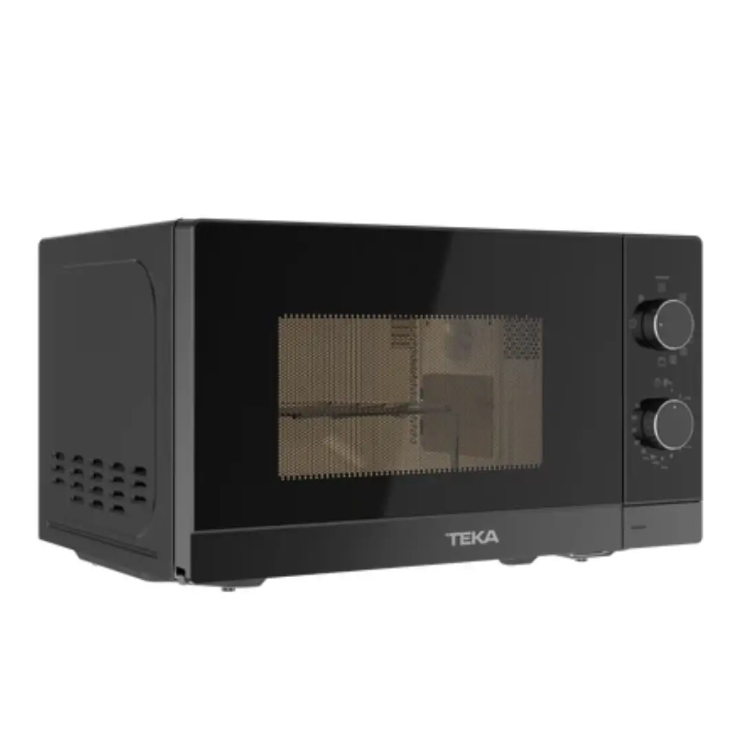 Imagen lateral del microondas Teka MW-FS20GBK en acabado negro, mostrando su diseño compacto y profundidad.