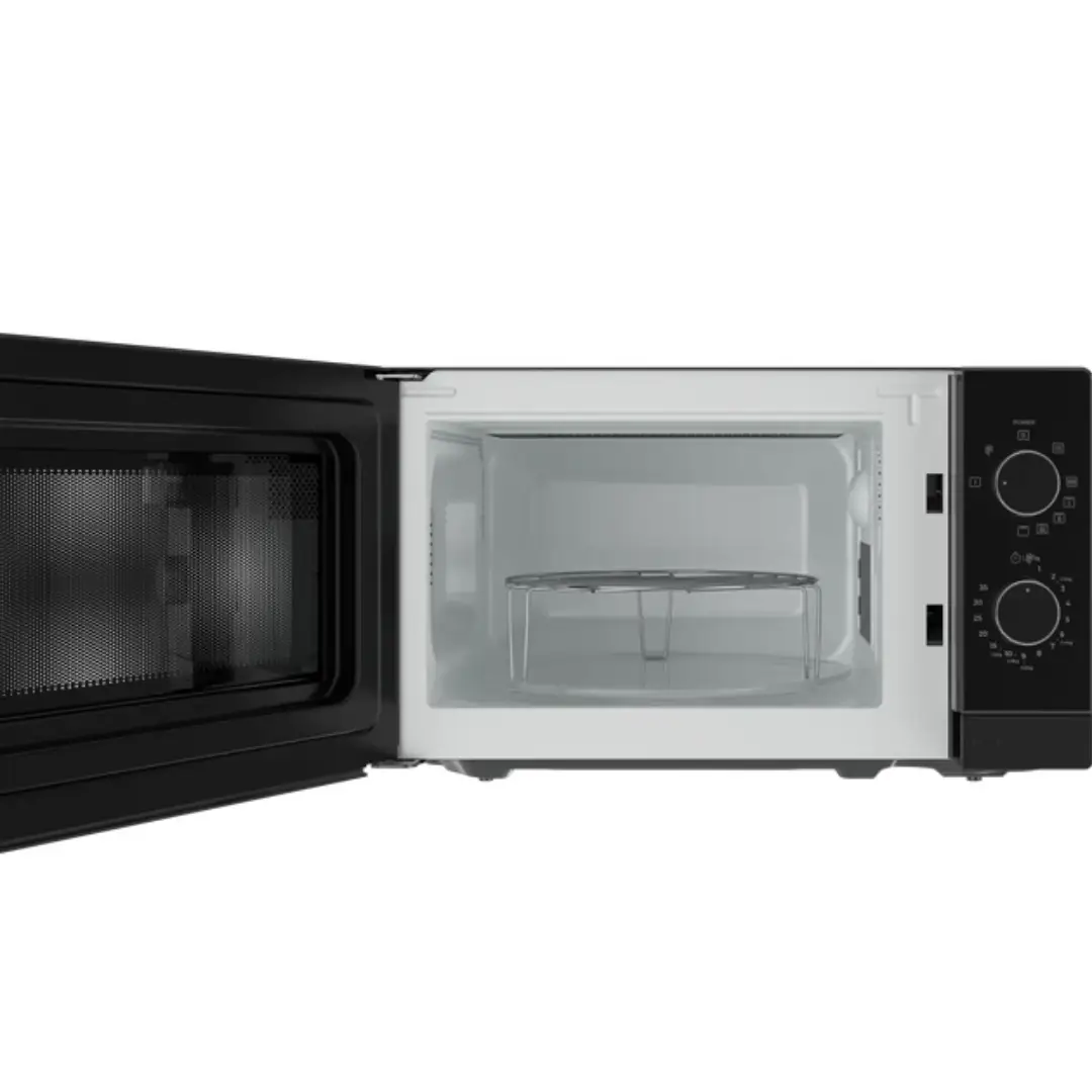 Imagen del microondas Teka MW-FS20GBK con la puerta abierta, mostrando el interior de 20 litros con plato giratorio y resistencia grill superior.