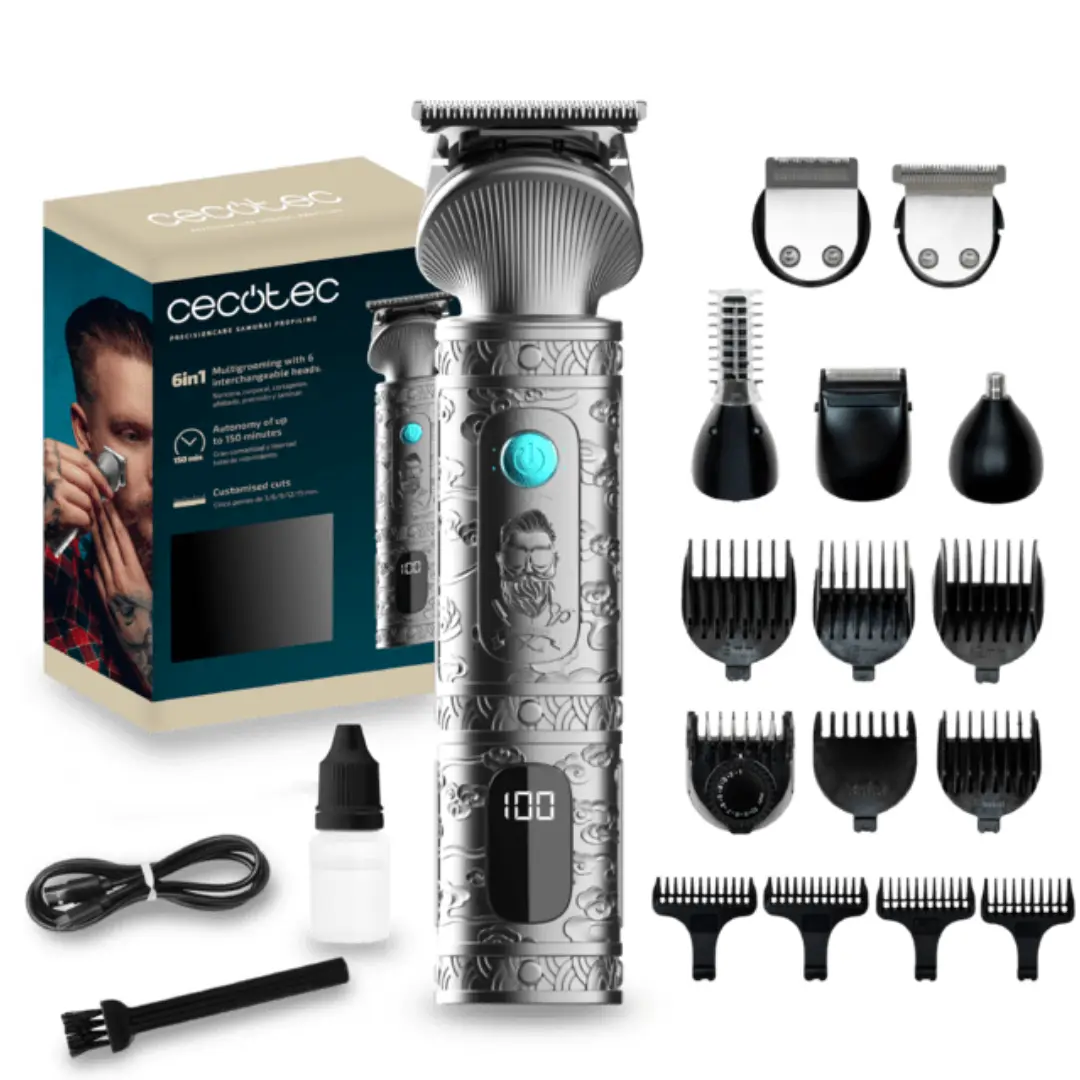 Multigroom 04458 Preci Samurai Cecotec con pantalla LCD, 170 minutos de autonomía y 16 accesorios para cortar y perfilar barba y cabello