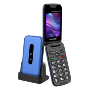 teléfono senior VÖLFEN Nexo Flip Max azul con pantalla de 2.8 pulgadas, Dual SIM y base de carga para uso fácil y cómodo