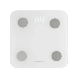 Imagen frontal de la báscula de baño Orbegozo PB-3005 en color blanco, con conectividad Bluetooth y medición de IMC, ideal para controlar peso y composición corporal desde casa.