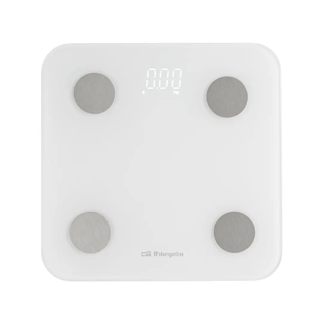 Imagen frontal de la báscula de baño Orbegozo PB-3005 en color blanco, con conectividad Bluetooth y medición de IMC, ideal para controlar peso y composición corporal desde casa.