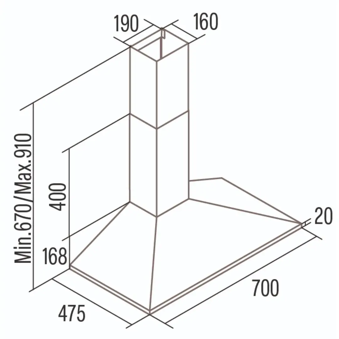 medidas campana decorativa CATA VK-7000X 70 cm en acero inoxidable para correcta instalación en muebles de cocina