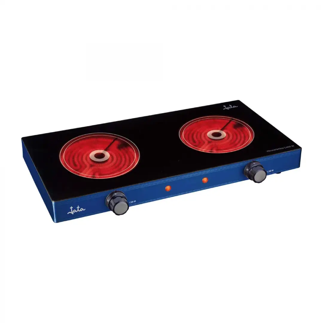 Imagen frontal de la cocina portátil Jata V-142 con 2 fuegos de vitrocerámica, diseño compacto y superficie negra, ideal para uso doméstico o espacios pequeños.