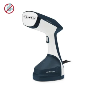 Imagen frontal de la plancha de vapor vertical Orbegozo SVT-1200, con potencia de 1600W y depósito de 260 ml, diseñada para eliminar arrugas de ropa y tejidos de manera rápida y práctica.