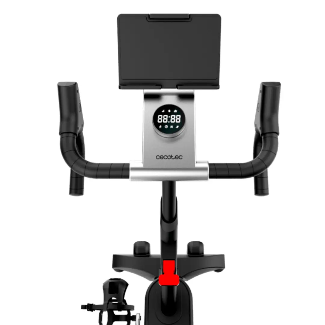 detalle frontal manillar y panel bicicleta spinning Cecotec con controles de resistencia y diseño ergonómico para entrenamiento