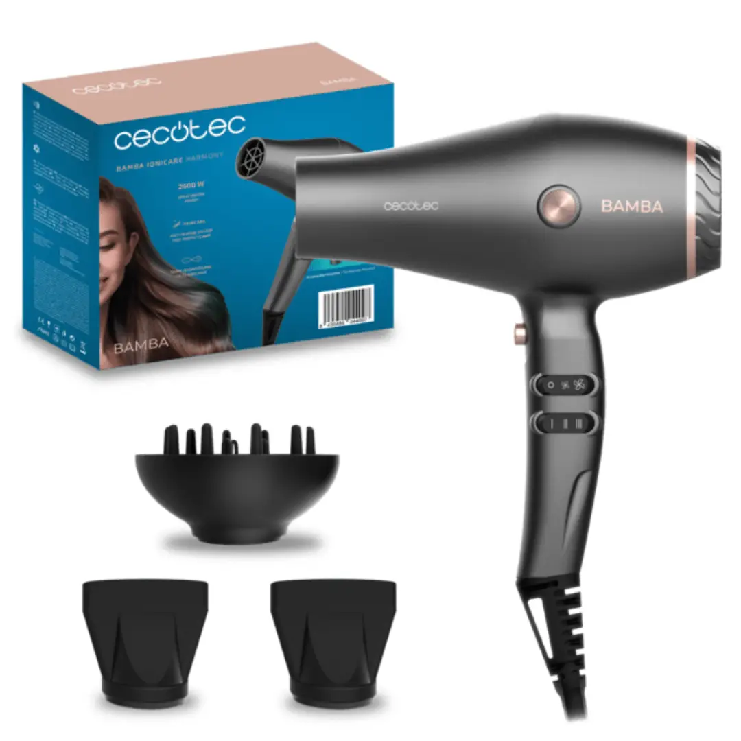 Imagen frontal del secador de pelo CECOTEC 04409 Harmony, con potencia de 2600W, incluye 2 boquillas y difusor, diseñado para un secado rápido y peinados profesionales en casa.