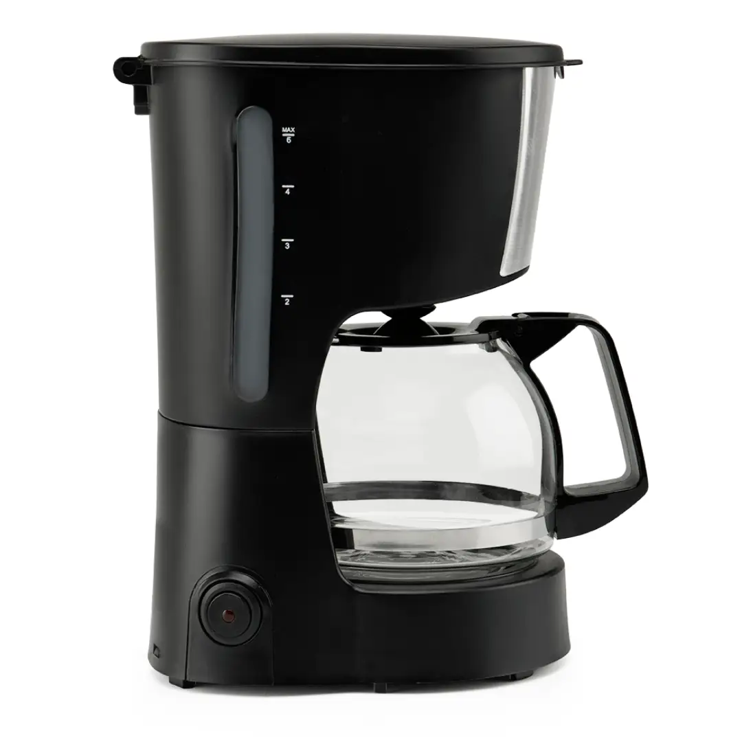 Imagen lateral de la cafetera Orbegozo CG-4206, mostrando el diseño compacto, jarra transparente y el sistema de goteo para preparar hasta 6 tazas de café.