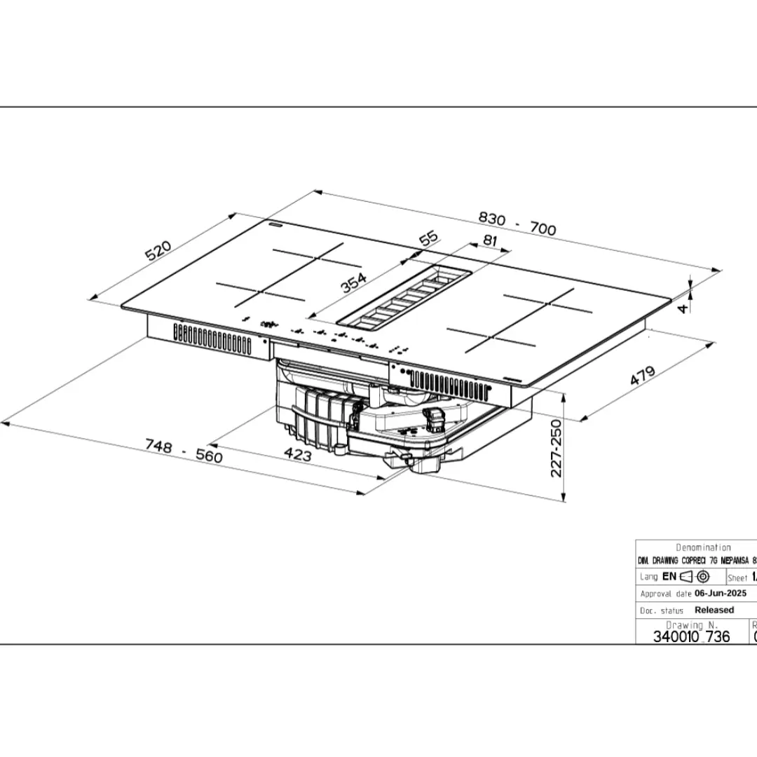 esquema con medidas de la placa de inducción Mepamsa Indu Value de 83 cm con campana integrada para instalación en cocina