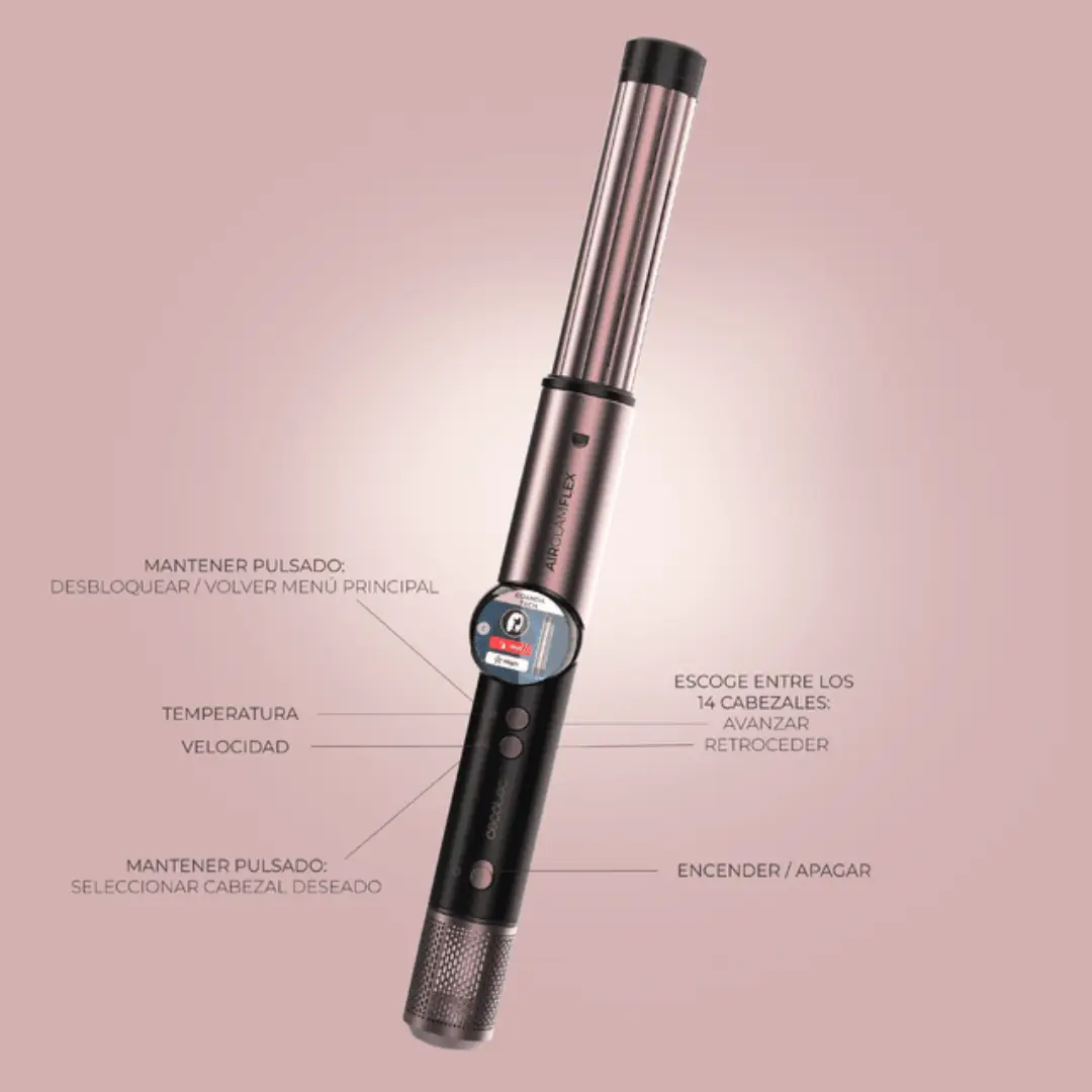Imagen de las instrucciones de uso del cepillo moldeador Cecotec A01_EU01 14en1, mostrando cómo configurar los distintos accesorios y modos para alisar, rizar o moldear el cabello de forma segura.