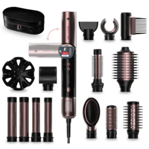 Imagen frontal del cepillo moldeador Cecotec A01_EU01 14en1, con potencia de 1400W, 110.000 RPM y tecnología AirGlam CeramicCare, ideal para alisar, rizar y moldear el cabello profesionalmente.