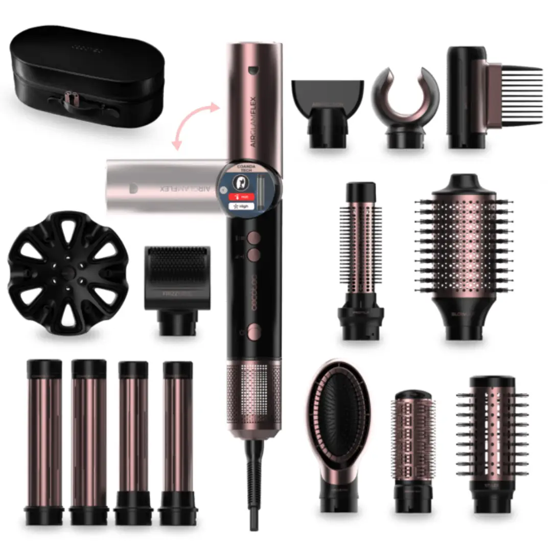 Imagen frontal del cepillo moldeador Cecotec A01_EU01 14en1, con potencia de 1400W, 110.000 RPM y tecnología AirGlam CeramicCare, ideal para alisar, rizar y moldear el cabello profesionalmente.