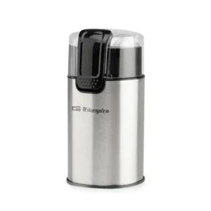 Imagen frontal del molinillo de café Orbegozo MO-3500, con potencia de 150W y tapa transparente que permite ver el proceso de molienda de granos de café.