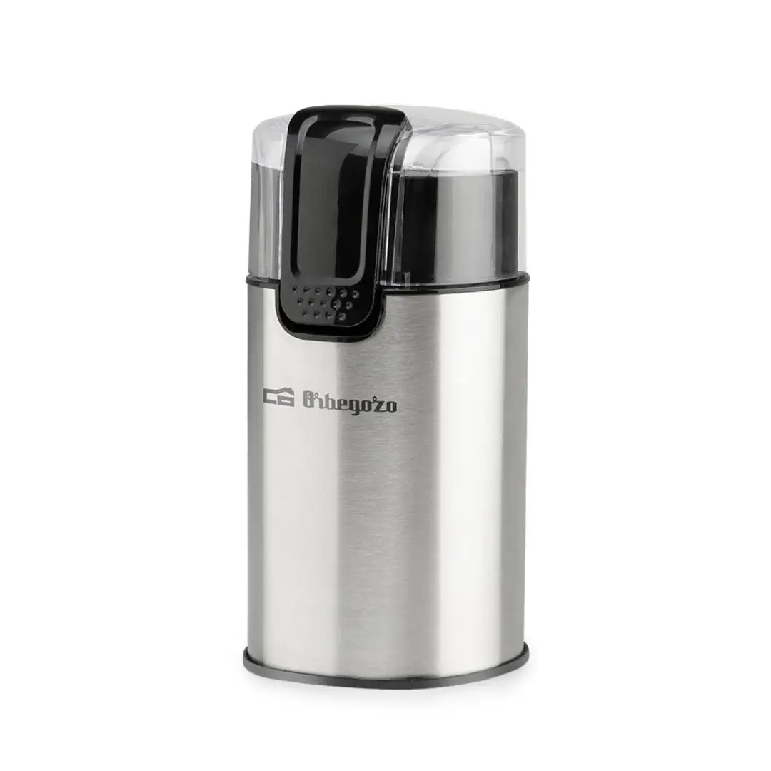 Imagen frontal del molinillo de café Orbegozo MO-3500, con potencia de 150W y tapa transparente que permite ver el proceso de molienda de granos de café.