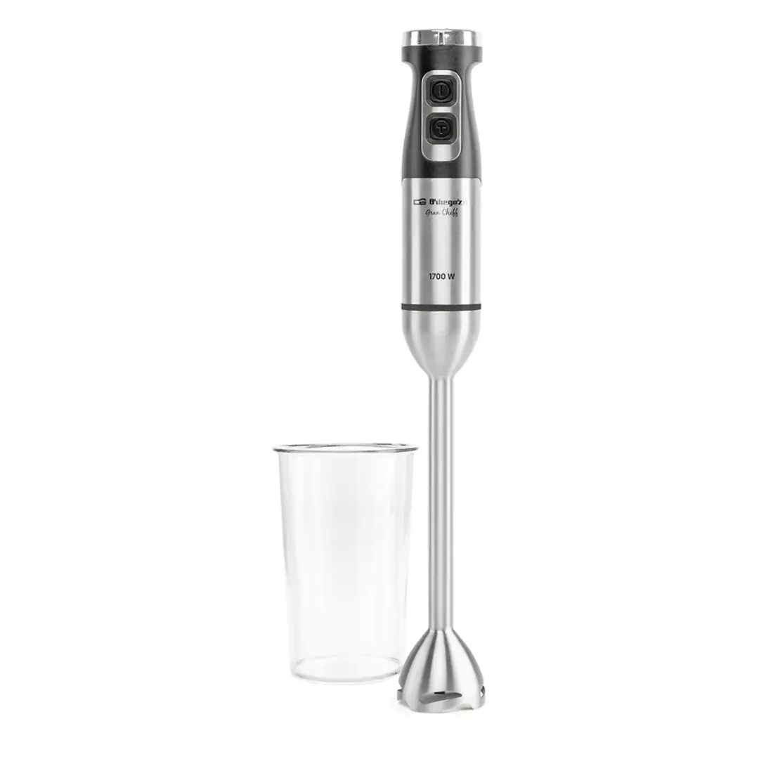 Imagen principal de la batidora de mano Orbegozo BT-6017 XL en acero inoxidable, con potencia de 1700W y vaso medidor incluido para preparar batidos, purés y salsas.