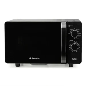 Imagen frontal del microondas Orbegozo MIG-2071CE en color negro, con capacidad de 20 litros, sistema Flatbed sin plato giratorio, potencia de 700W y función grill.
