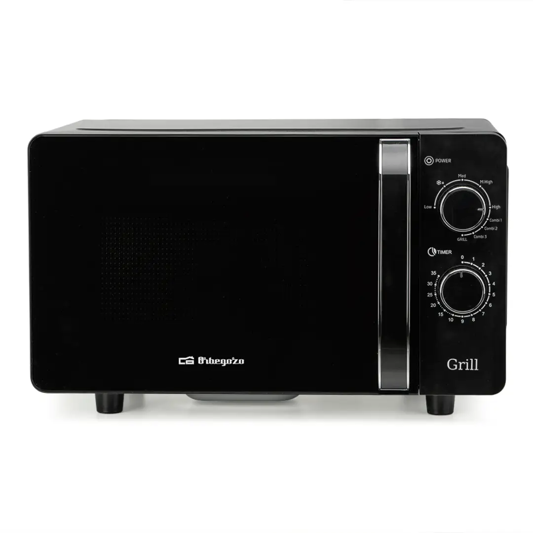 Imagen frontal del microondas Orbegozo MIG-2071CE en color negro, con capacidad de 20 litros, sistema Flatbed sin plato giratorio, potencia de 700W y función grill.