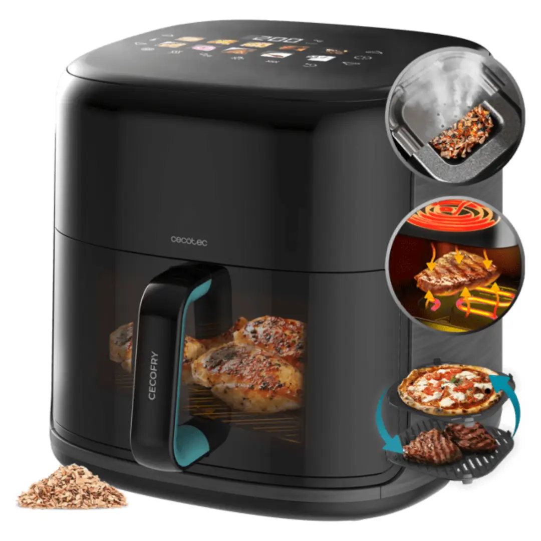 Imagen frontal de la freidora dietética Cecotec Cecofry Smokin', modelo A01_EU01_101137, con capacidad de 8,5 litros y potencia de 2300W, ideal para cocinar sin aceite.